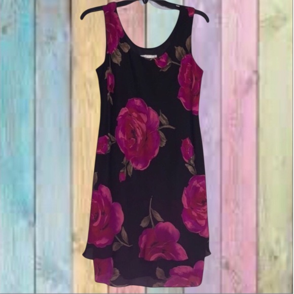 Dresses & Skirts - Black Floral Sleeveless Chiffon Overlay Lined Dress